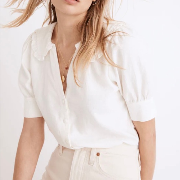 Madewell Linen-Blend Peter Pan Collar Button Up Shirt light green Women’s Size 2 - Picture 3 of 12